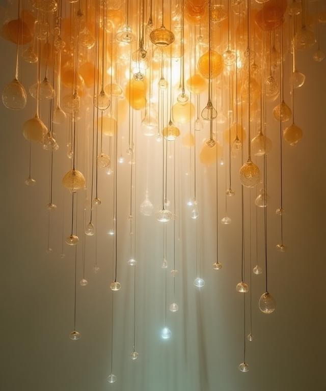 Installazione artistica con elementi in vetro soffiato che pendono dal soffitto.